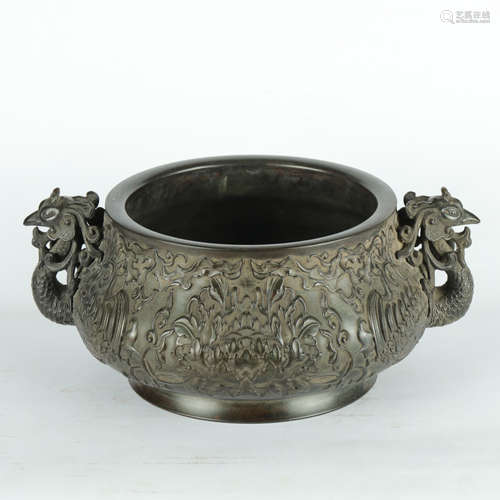 A CHINESE DOUBLE PHOENIX EARS COPPER INCENSE BURNER