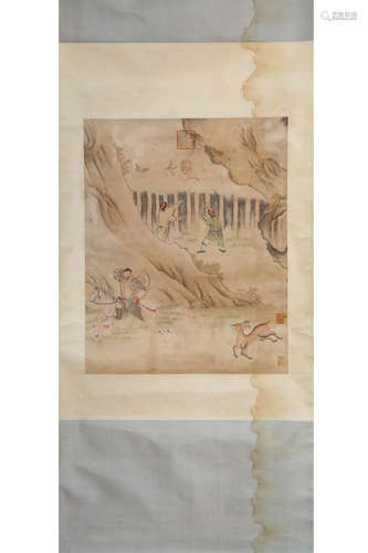 A CHINESE HUNTING PAINTING SCROLL