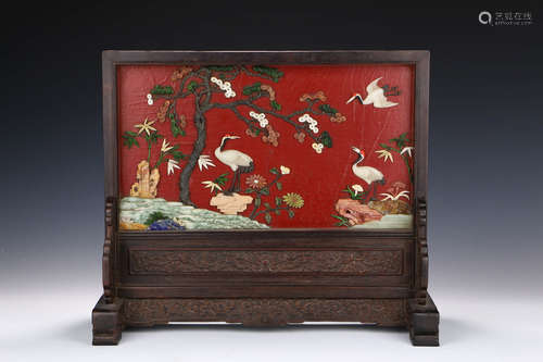 A Chinese Red Sandalwood Screen Inlaid with Gems