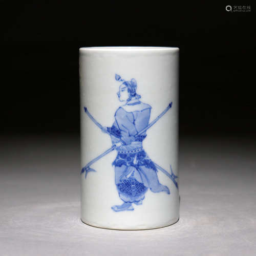 Blue and white glaze figure pattern brush pot