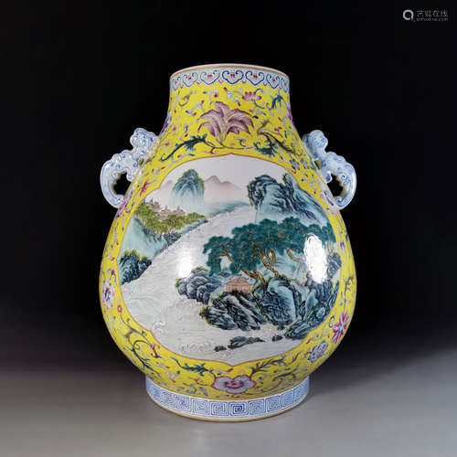 a chinese Yellow glaze and Famille Rose landscape Venerable vase