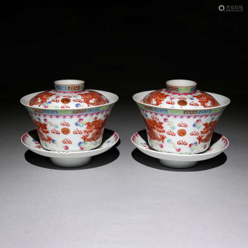 A Pair of Chinese Copper Red Famille Rose Porcelain Hat-covered Bowls