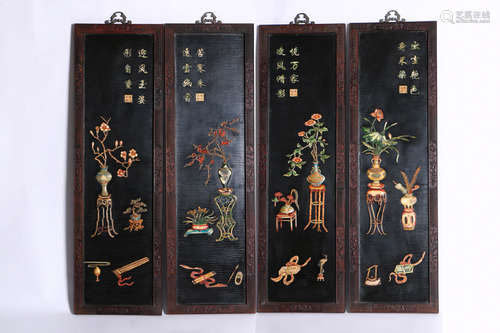 A Chinese Red Sandalwood Hanging Screen Inlaid with Gems