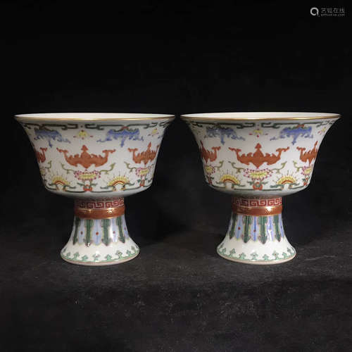 A Pair of Chinese Famille Rose Porcelain Stem Bowls