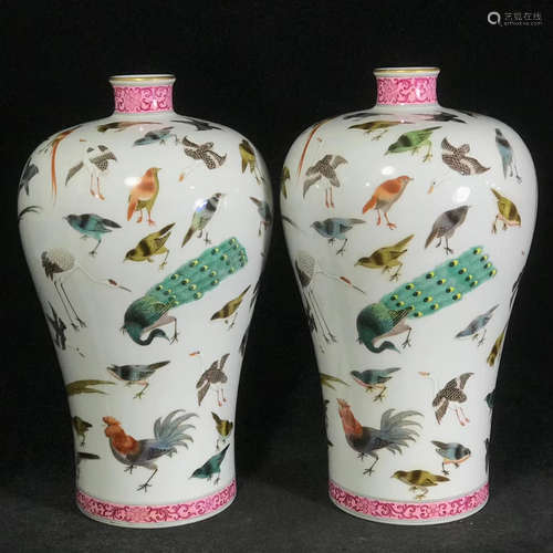 A Pair of Chinese Famille Rose Porcelain Plum Vases