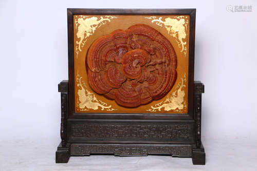 A Chinese Red Sandalwood Screen Inlaid with Gilt Ganoderma