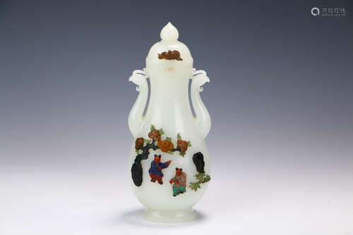 A Chinese Jade Vase Inlaid with Gems