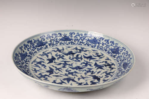 A Chinese Blue and White Crane Patterned Porcelain Basin