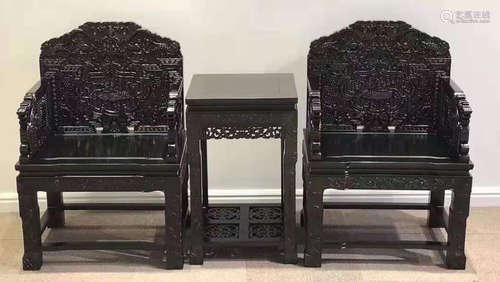 A ZITAN WOOD CHAIRS&TABLE CARVED WITH BEAST PATTERN