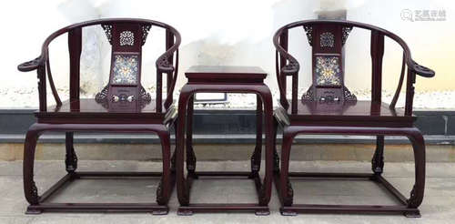 A ZITAN WOOD CHAIRS&TABLE EMBEDDED WITH CLOISONNE