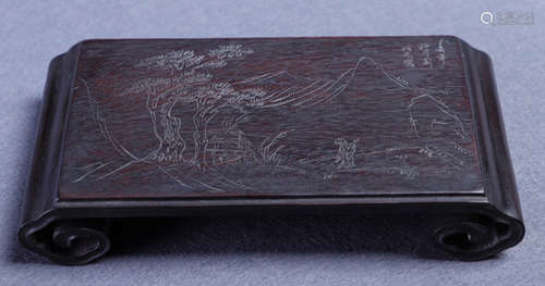 A ZITAN WOOD STAND CARVED WITH LANDSCAPE