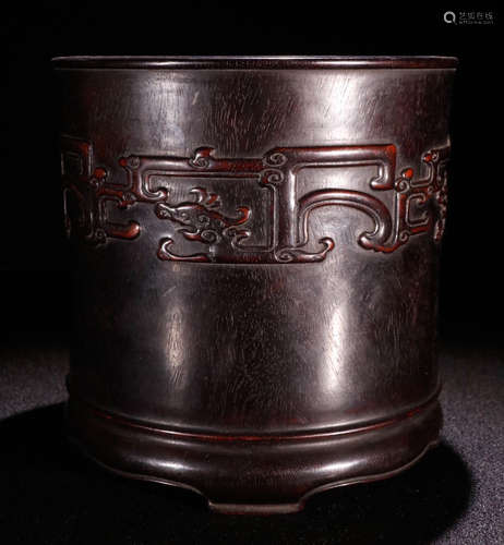 A ZITAN WOOD BRUSH POT CARVED WITH BEAST PATTERN