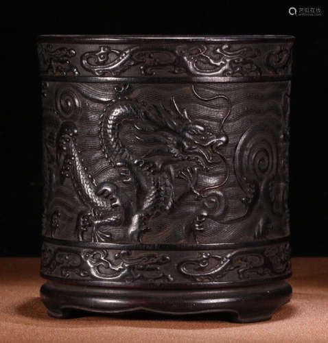 A ZITAN WOOD BRUSH POT CARVED WITH DARGON PATTERN