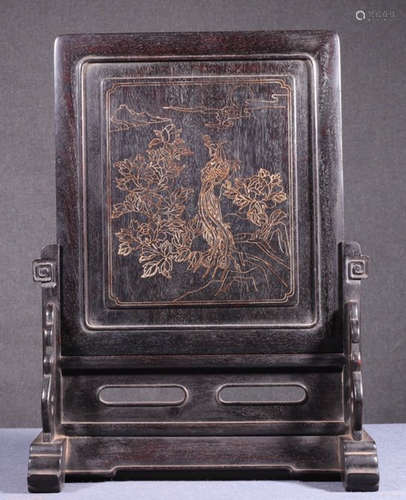 A ZITAN WOOD SCREEN EMBEDDED WITH SILVER