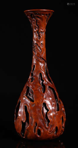 A HUANGYANG WOOD VASE HOLLOW CARVED