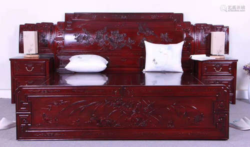 A ZITAN WOOD BED&CABINETS CARVED WITH FLOWER PATTERN