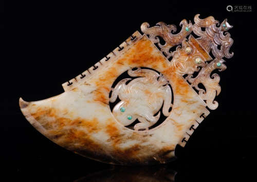 A HETIAN JADE AX EMBEDDED WITH GEM