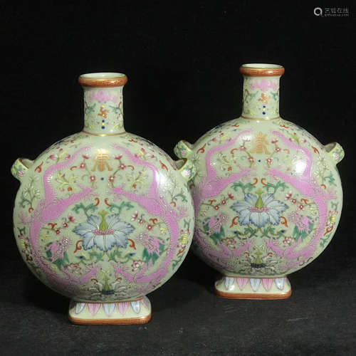 A Pair of Chinese Famille Rose Floral Porcelain Flasks