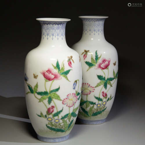 A Pair of Chinese Famille Rose Floral Porcelain Vases