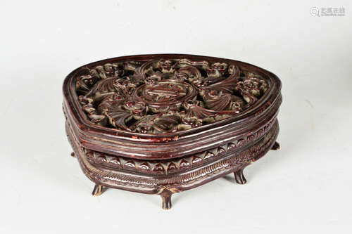 A Chinese Rosewood Carved Floral Inkstone Box