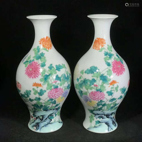 A Pair of Chinese Famille Rose Floral Porcelain Olive Shaped Vases