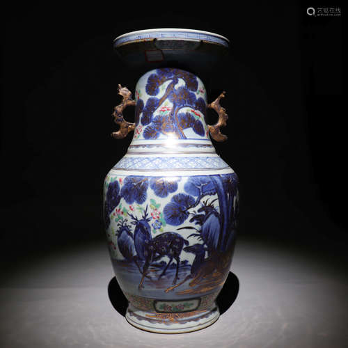 A Chinese Multicolored Floral Double-eared Porcelain Vase