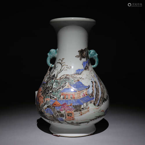 Two eares vase with Famille Rose glaze landscape