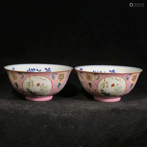 A Pair of Chinese Famille Rose Floral Porcelain Bowls