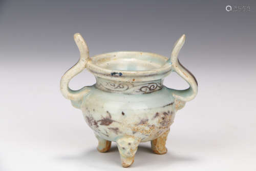 A Chinese Underglaze Red Three-legged Porcelain Censer