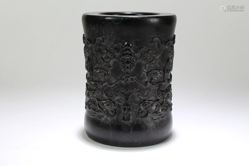 An Estate Chinese Bat-framing Thick Wooden Brush Pot