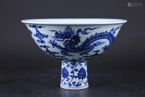 Chinese Ming Porcelain Blue&White Dragon Handle Cu