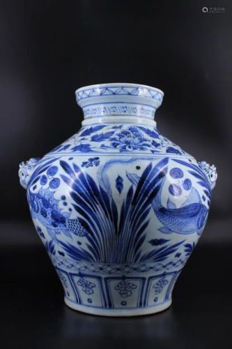 Large Ming Porcelain Blue&White Fish Jar