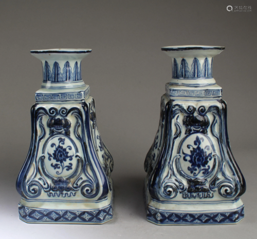 A Pair of Chinese Blue & White Candle Holders