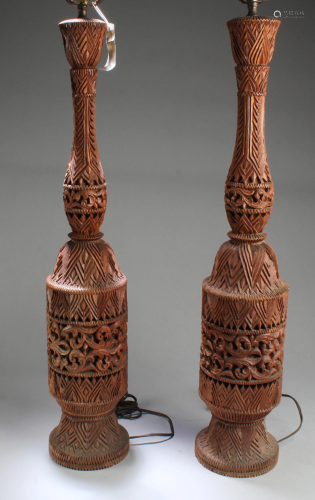 A Pair of Chinese Wooden Carved Lamp Holders