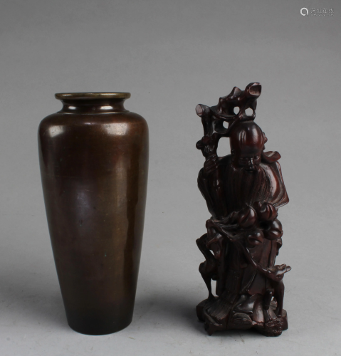One Bronze Vase & One Carved Wooden Figurine