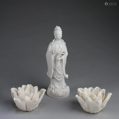 A Three Piece Blanc De Chine Guanyin Statue
