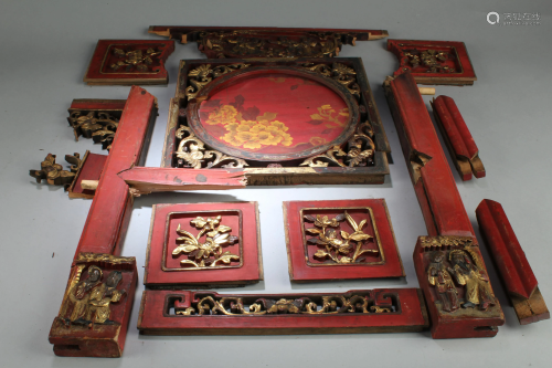 Fragments of Chinese Carved Wooden Gilt Gold Pla…
