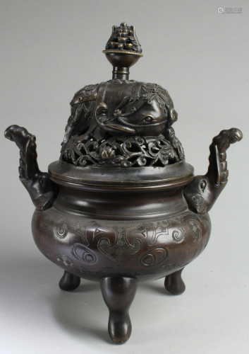 Chinese Bronze Tripod Censer with Lid Cover