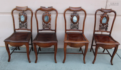 A Set of Four Hardwood Chairs With Marble Inlay