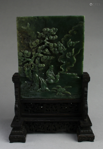 Antique Chinese Spinach Jade Table Screen with Wooden