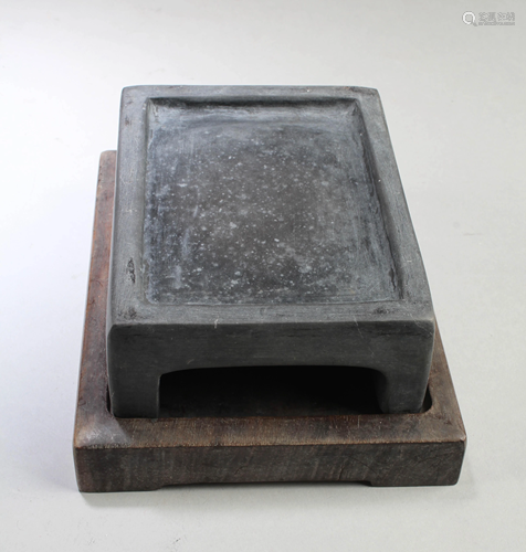 Chinese Ink Stone With Wooden Base