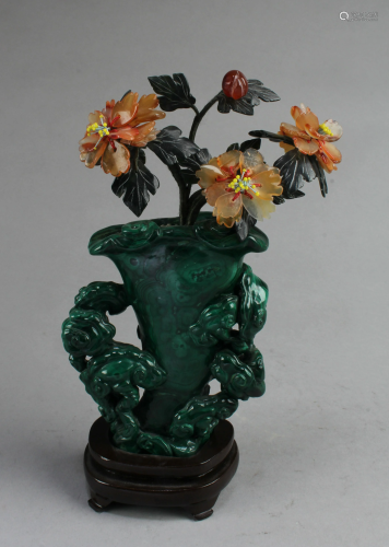 Antique Chinese Carved Malikite Vase with Agate Flower