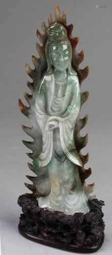 Antique Chinese Carved Jade Guanyin Statue with Wo…