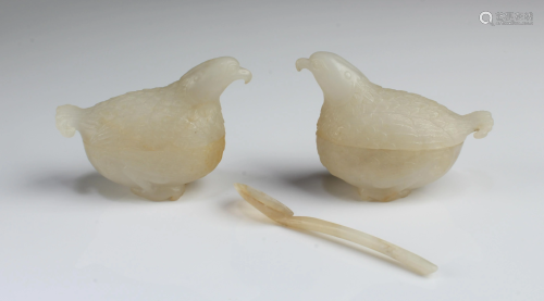 A Pair of Chinese Jade Quail Shaped Boxes