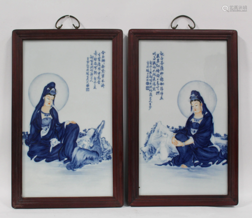 A Pair of Hardwood Framed Porcelain Guanyin Pla…