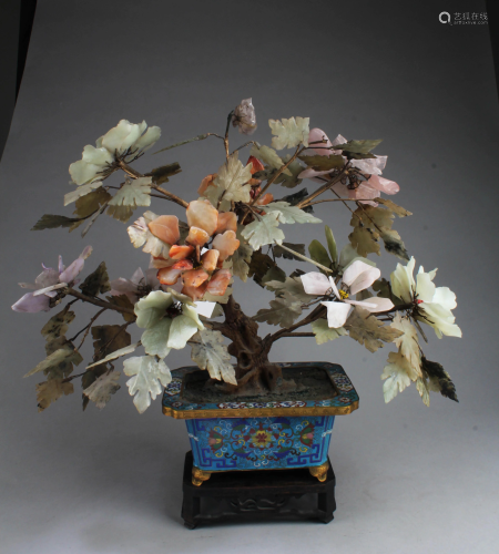 Chinese Cloisonne Flower Pot with Jade Leaves &…