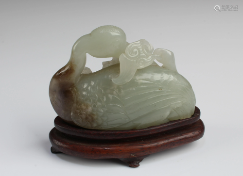 A Carved Jade Swan Figurine with Stand