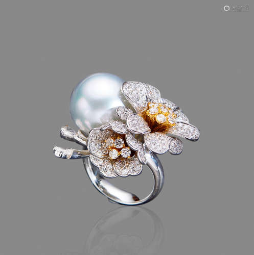 《如花在野》15mm澳白珍珠钻戒