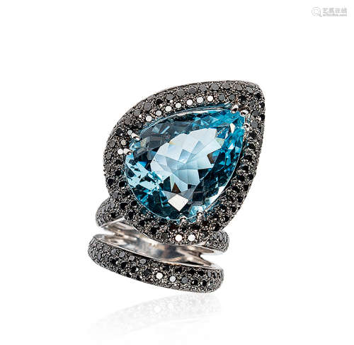 法国顶级独立设计师品牌BRIGITTE ERMEL《托斯卡》14.55ct海蓝宝黑钻戒指