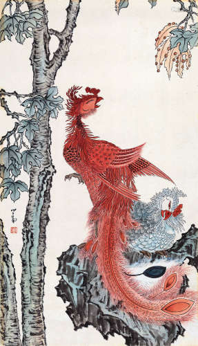 溥儒（1896～1963） 梧桐栖凤 镜心 设色纸本